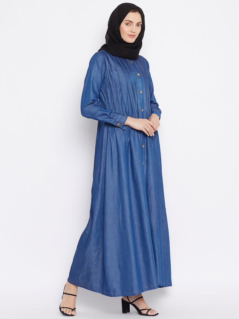Nabia Women Blue Solid Denim Front Open Abaya Dress With Georgette Scarf