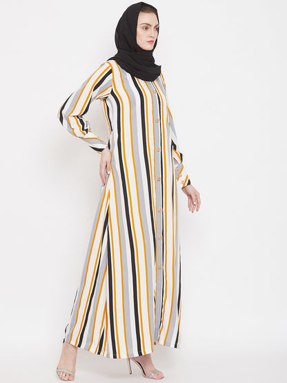 Nabia Women Yellow Front Open Striped Abaya with Georgette Scarf