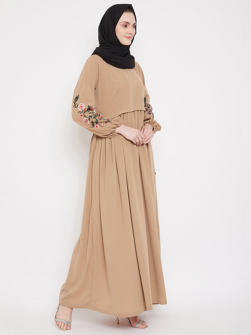 Nabia Women Beige Chikan Hand Embroidery Design  Abaya With Georgette Scarf