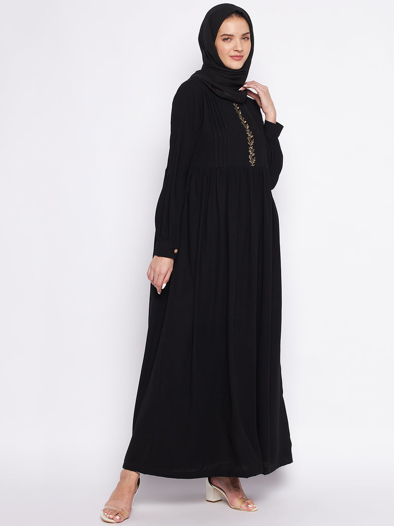 Nabia Black Solid Nida Matte Fabric Abaya For Women With Georgette Scarf