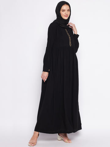 Nabia Black Solid Nida Matte Fabric Abaya For Women With Georgette Scarf