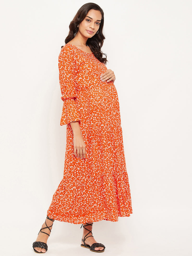 Orange Printed Maternity Dress for Women