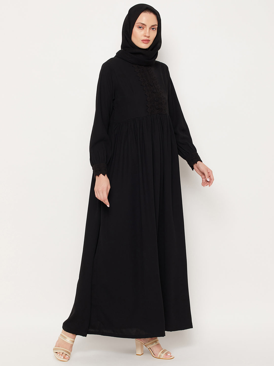 Nabia Black Lace Women Abaya with Georgette Scarf
