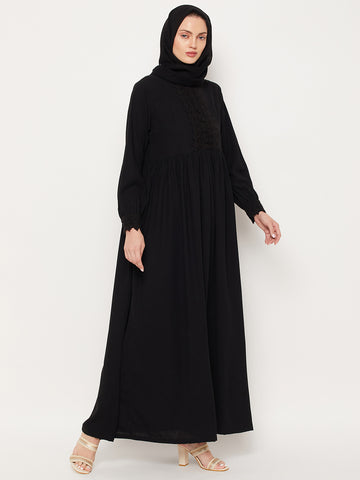 Nabia Black Lace Nida Matte Women Abaya With Georgette Scarf