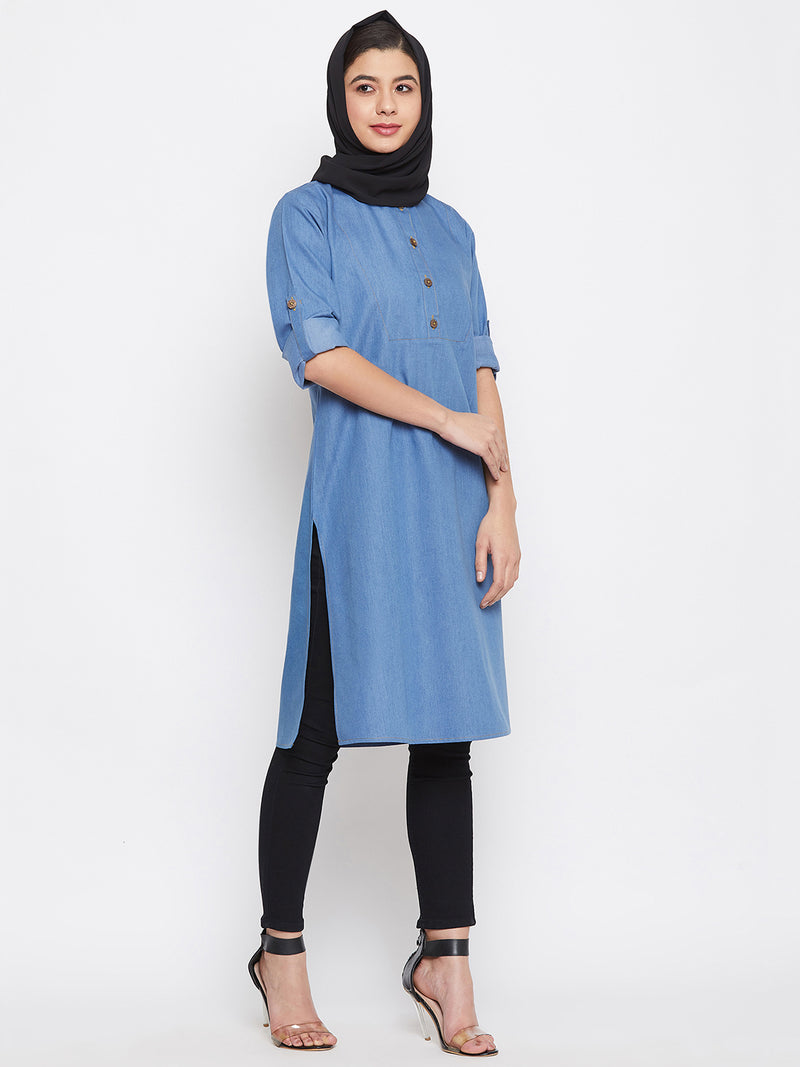 Nabia Women Blue Denim Cotton Tunic Abaya With Georgette Scarf