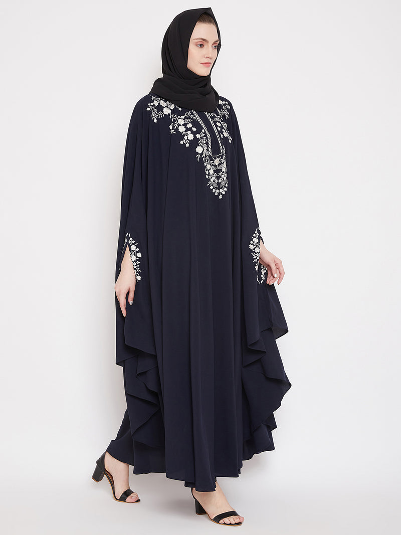 Nabia Women Blue Irani Kaftan Abaya Enhanced With Chikan Hand Embroidered With Georgette Scarf