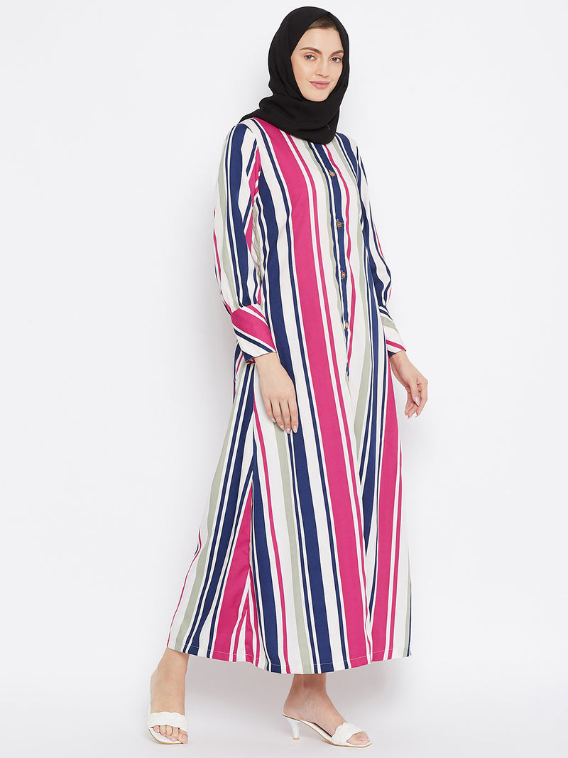 Nabia Women Pink Front Open Striped Abaya With Georgette Scarf