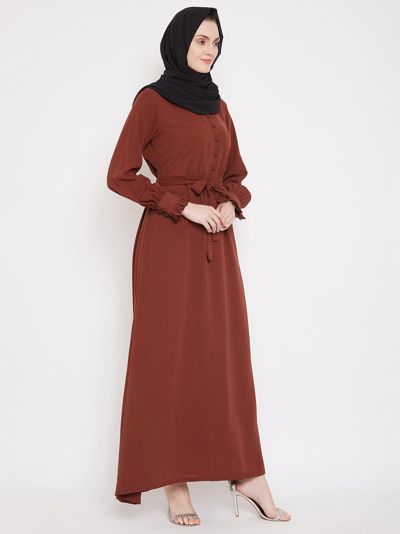 Nabia Women Rust Solid Nida Matte Fabric Abaya With Georgette Scarf