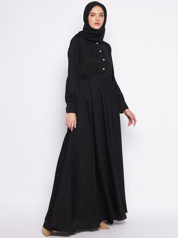 Nabia Black Solid Nida Fabric Abaya For Women With Georgette Scarf