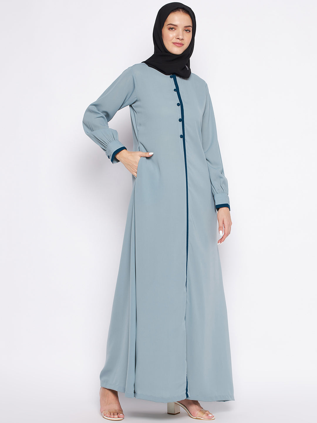 Nabia Sea Green Solid Nida Matte Fabric Abaya For Women with Georgette Scarf
