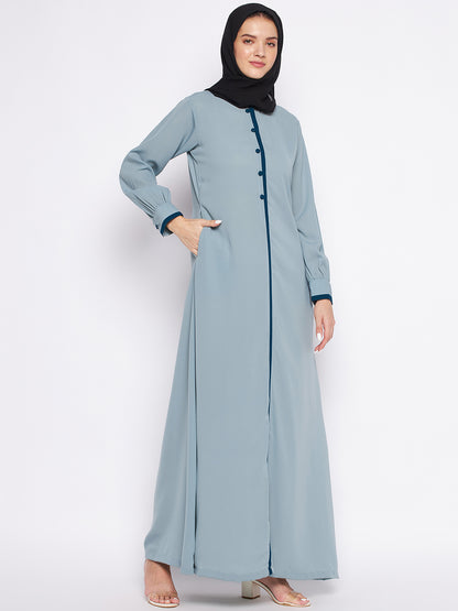 Nabia Sea Green Solid Nida Matte Fabric Abaya For Women with Georgette Scarf