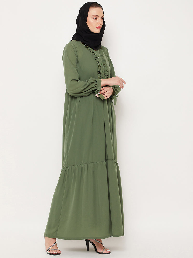 Nabia Jade Green Ruffle Nida Matte Fabric Women Abaya With Georgette Scarf