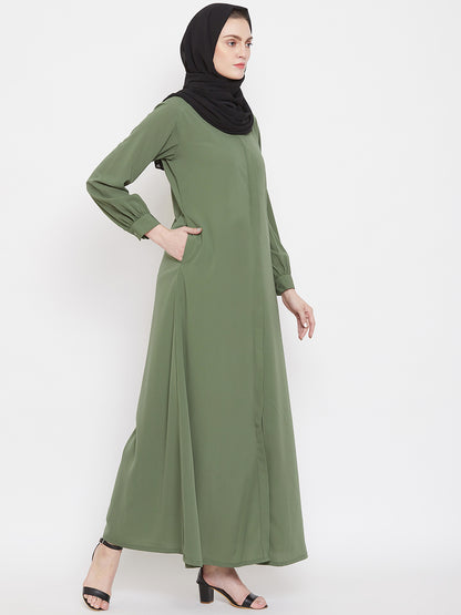 Nabia Women Jade Green Solid Front Open Abaya with Georgette Scarf