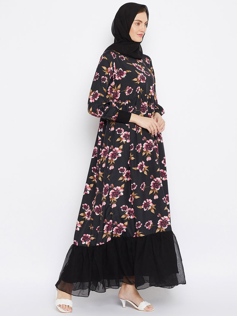 Nabia Women Black Floral Printed Crepe Frill Abaya Dress With Georgette Scarf
