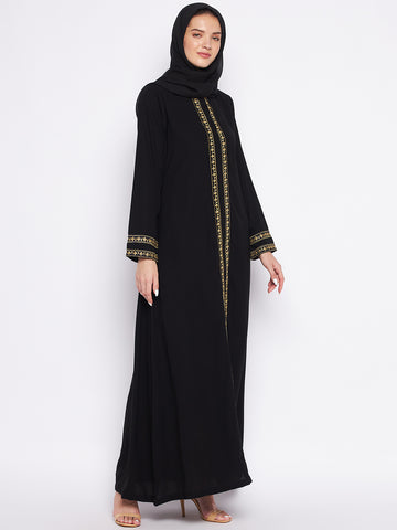 Nabia Black Solid Nida Matte Fabric Abaya For Women With Georgette Scarf