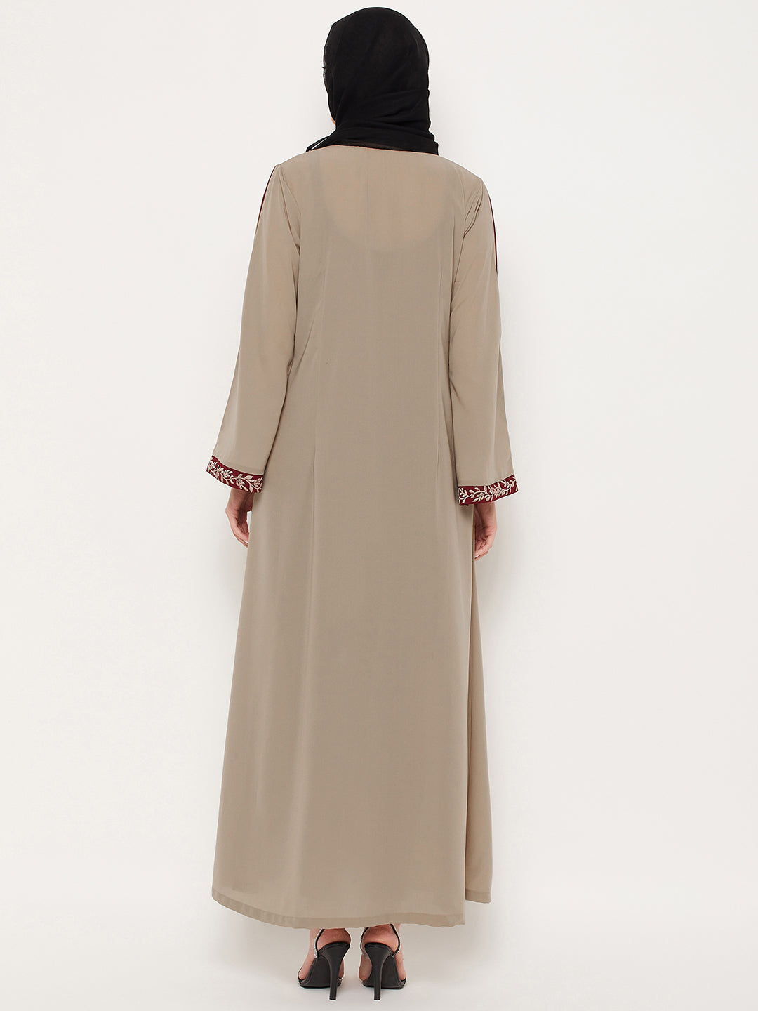 Nabia Beige Front Open Embroidery Work Women Abaya with Georgette Scarf