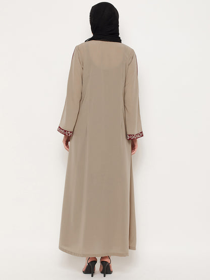 Nabia Beige Front Open Embroidery Work Women Abaya with Georgette Scarf