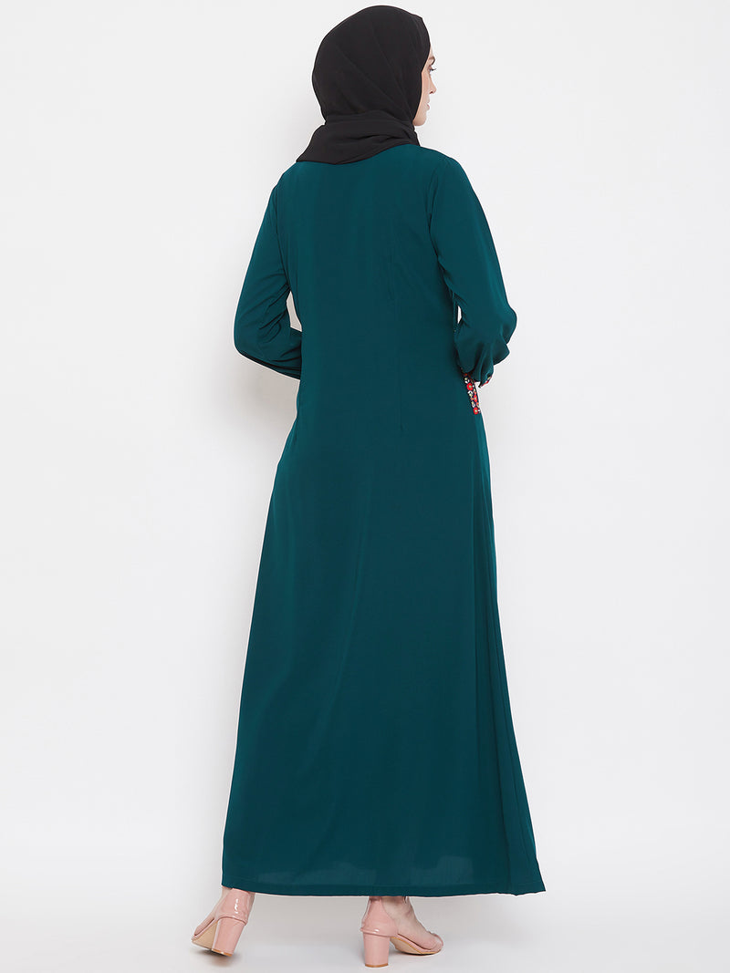 Nabia Women Green Chikan Hand Embroidery Nida Matte Fabric Abaya with Georgette Scarf