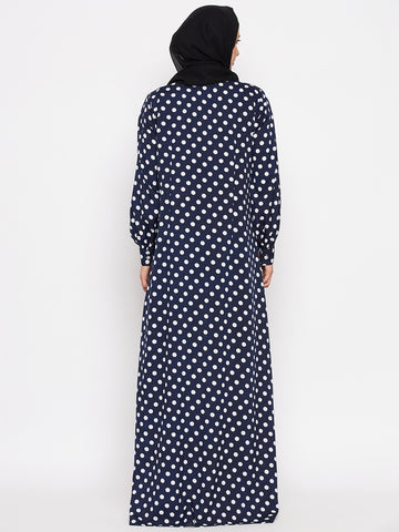 Nabia Women Blue Polka Crepe Abaya Dress With Georgette Scarf