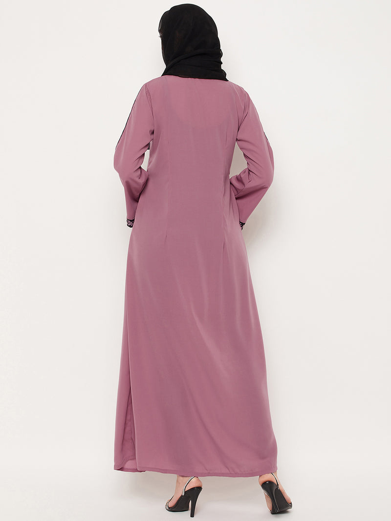 Nabia Puce Pink Nida Matte Fabric Embroidery Work Women Abaya With Georgette Scarf
