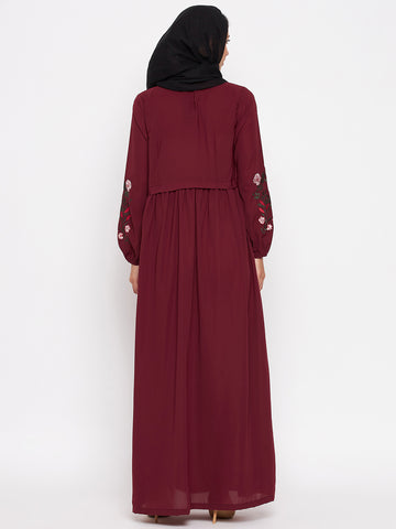Nabia Women Maroon Chikan Hand Embroidery Design  Abaya With Georgette Scarf