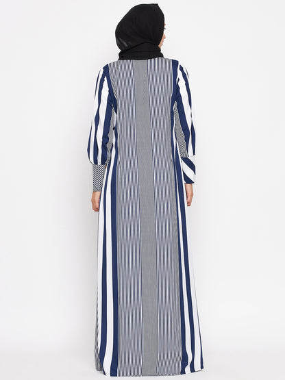 Nabia Blue Front Open Striped Abaya with Georgette Scarf for Women