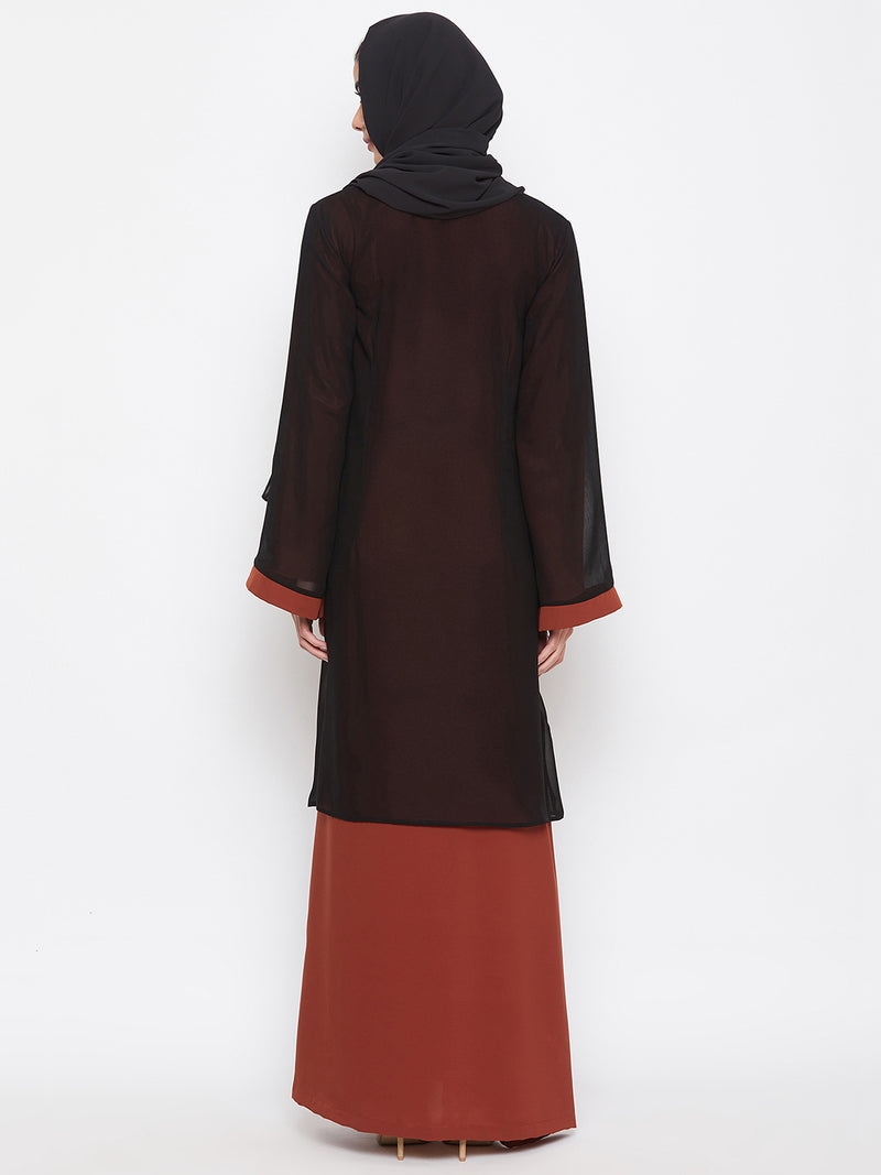 Nabia Women Black & Rust Shrug Attached Nida Matte Abaya With Georgette Scarf