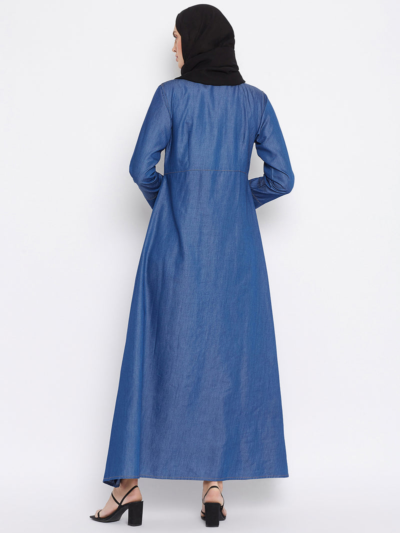 Nabia Women Blue Solid Denim Abaya With Georgette Scarf