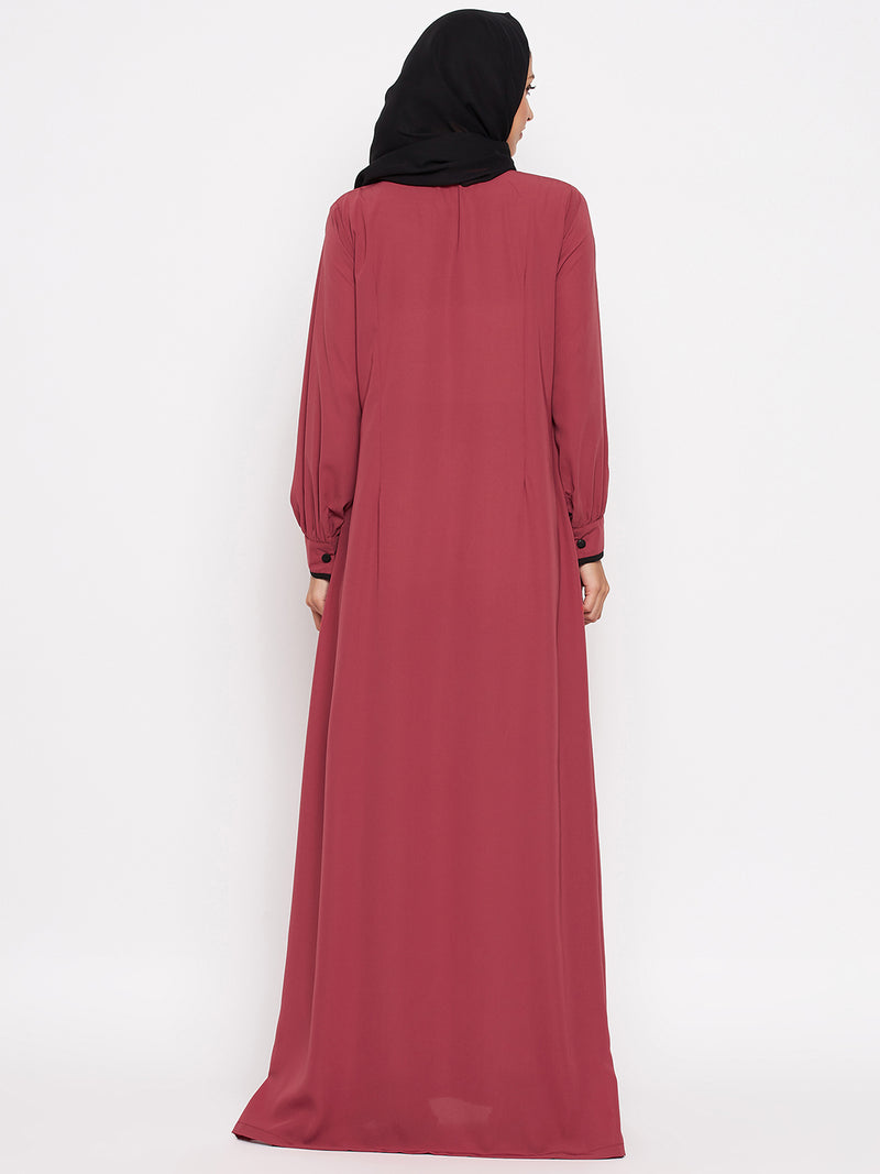 Nabia Women Rust Solid Piping Design Abaya Burqa With Georgette Scarf