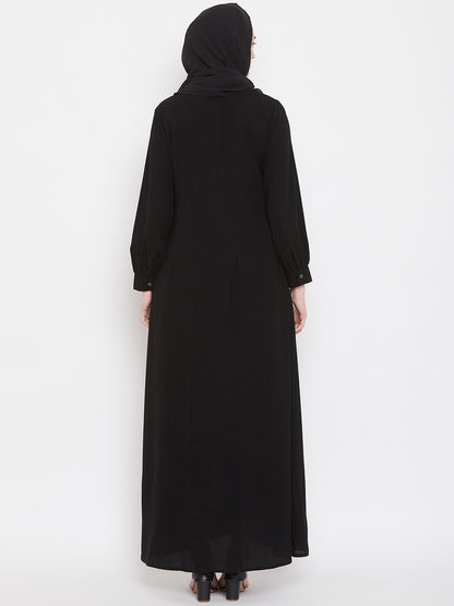 Nabia Women Black Solid Front Open Abaya With Georgette Scarf