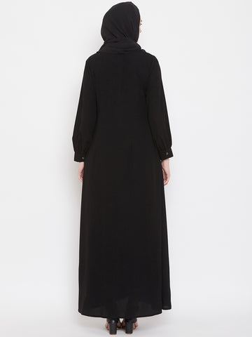 Nabia Women Black Solid Front Open Abaya With Georgette Scarf