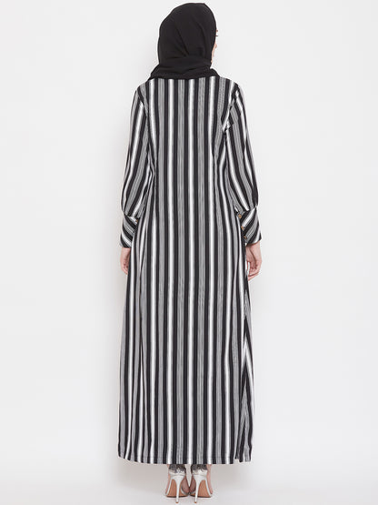 Nabia Women Black Front Open Striped Abaya With Georgette Scarf
