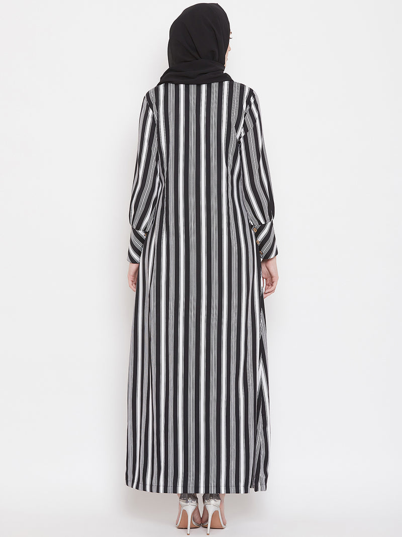 Nabia Women Black Front Open Striped Abaya With Georgette Scarf