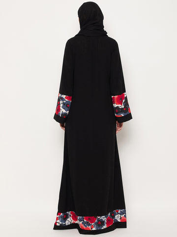 Nabia Black & Red Design Nida Matte Fabric Abaya With Georgette Scarf