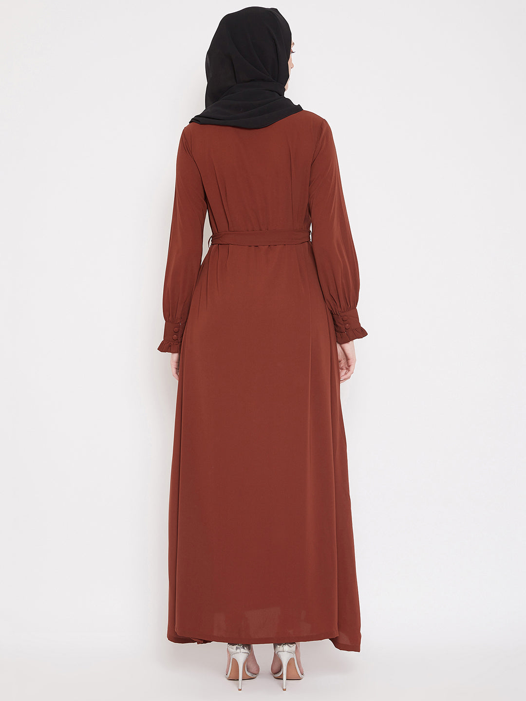 Nabia Women Rust Solid Nida Matte Fabric Abaya With Georgette Scarf