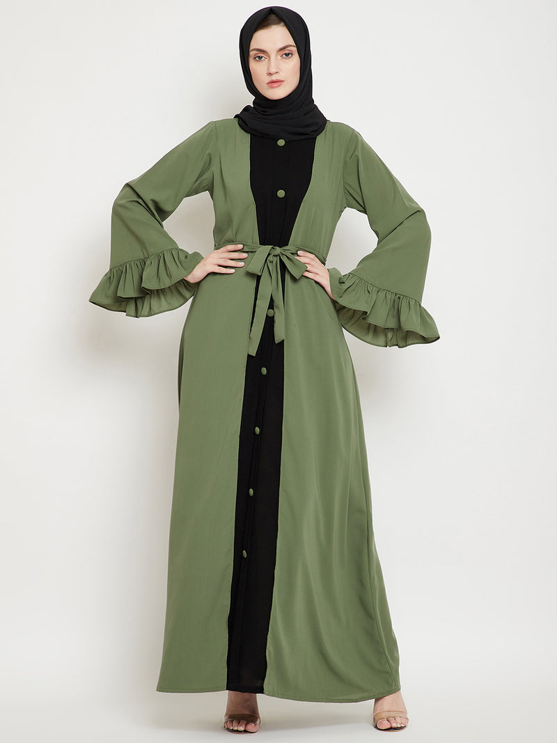 Nabia Women  Jade Green & Black Solid Two Color Combination Bell Sleeves Abaya With Georgette Scarf