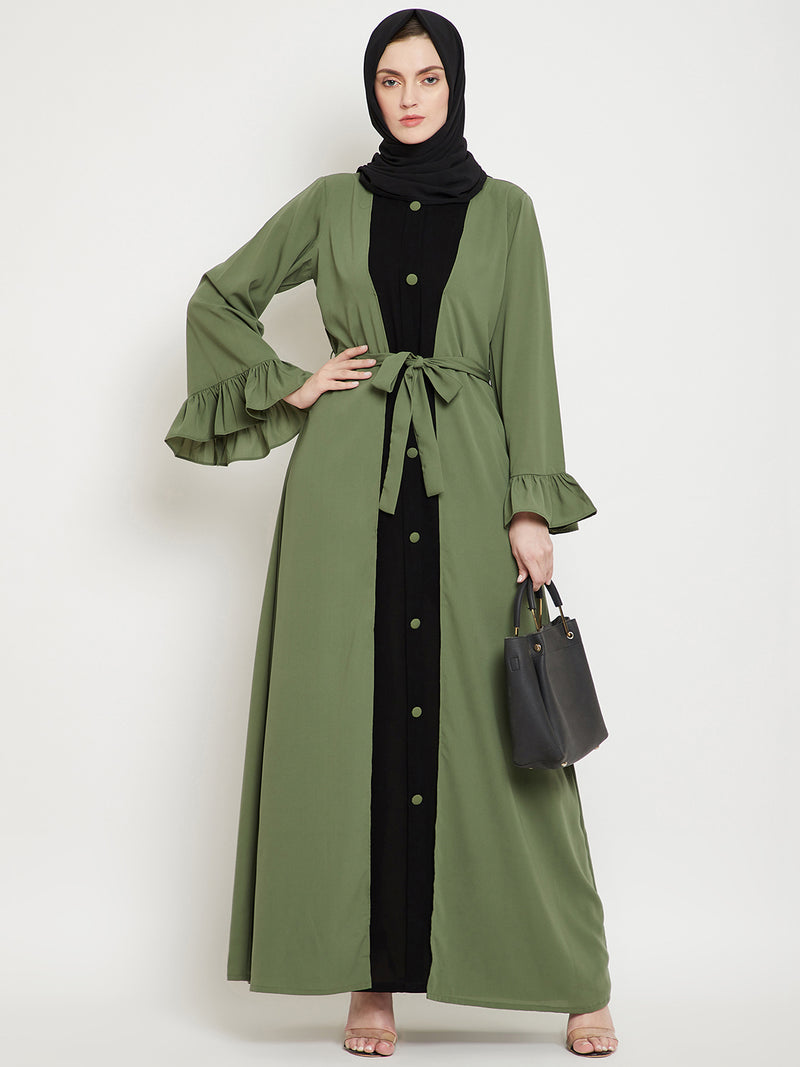 Nabia Women  Jade Green & Black Solid Two Color Combination Bell Sleeves Abaya With Georgette Scarf