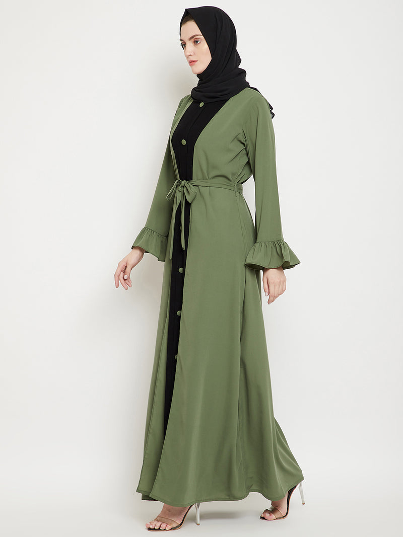 Nabia Women  Jade Green & Black Solid Two Color Combination Bell Sleeves Abaya With Georgette Scarf