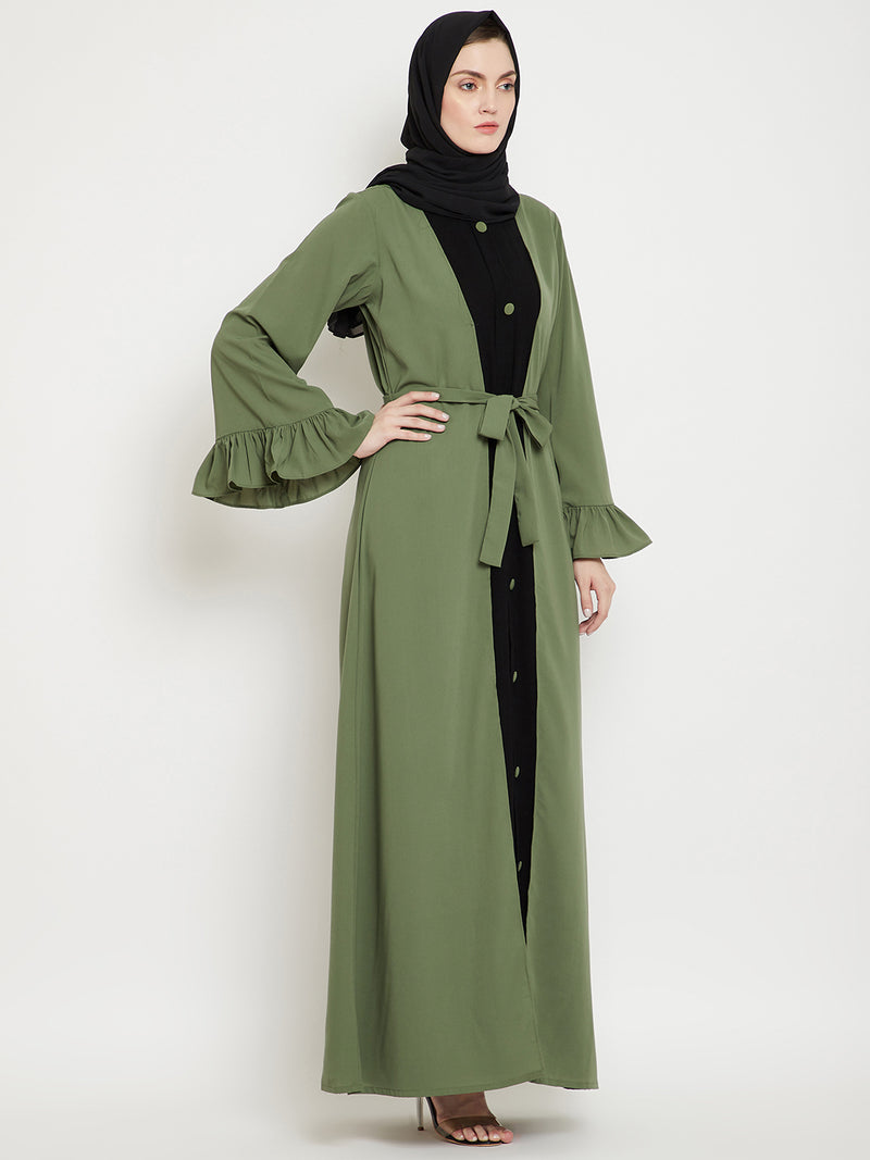 Nabia Women  Jade Green & Black Solid Two Color Combination Bell Sleeves Abaya With Georgette Scarf