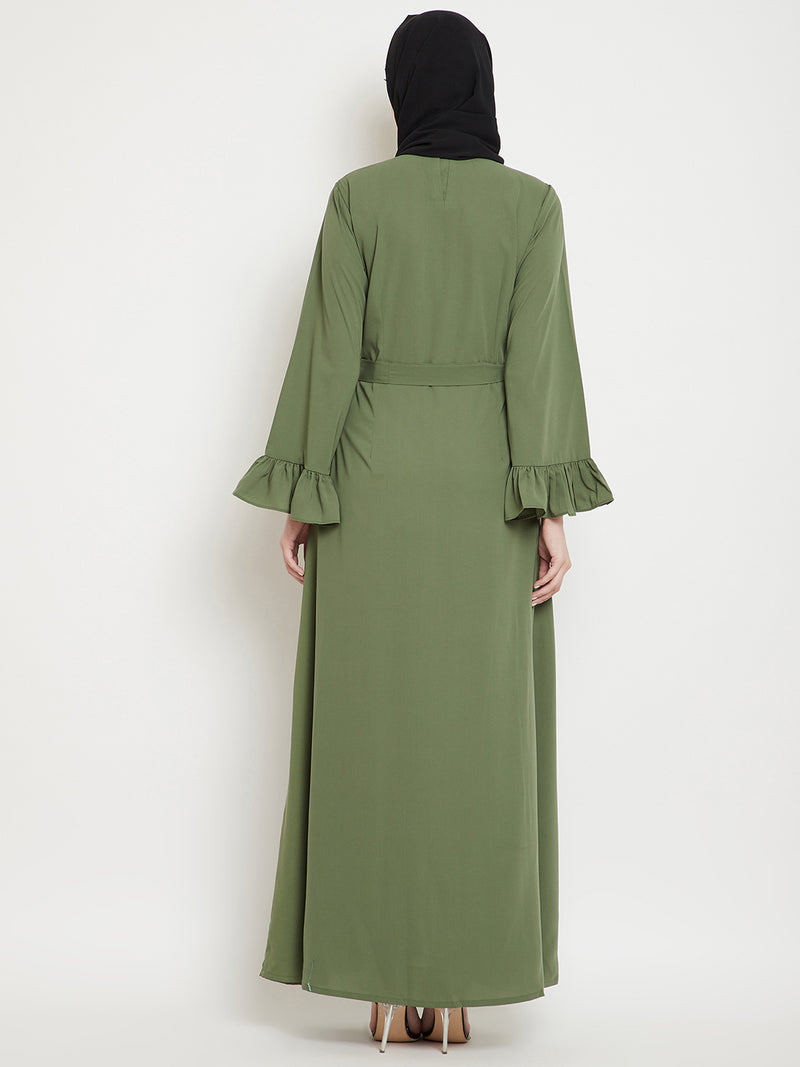 Nabia Women  Jade Green & Black Solid Two Color Combination Bell Sleeves Abaya With Georgette Scarf