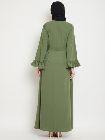 Nabia Women  Jade Green & Black Solid Two Color Combination Bell Sleeves Abaya With Georgette Scarf