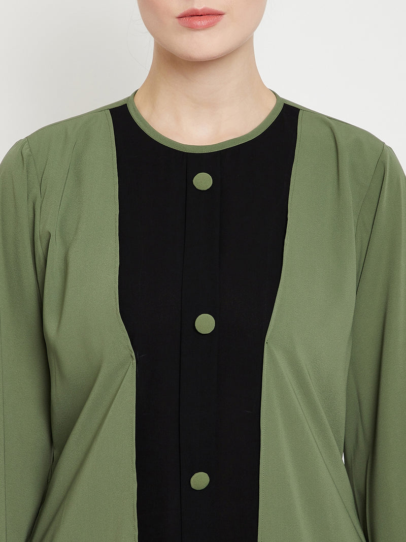 Nabia Women  Jade Green & Black Solid Two Color Combination Bell Sleeves Abaya With Georgette Scarf
