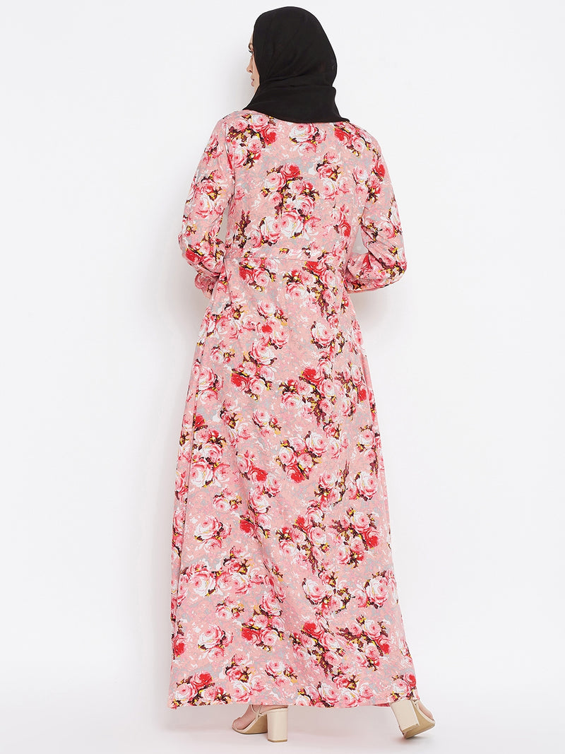 Nabia Women Pink Floral Printed Crepe Abaya Dress With Georgette Scarf