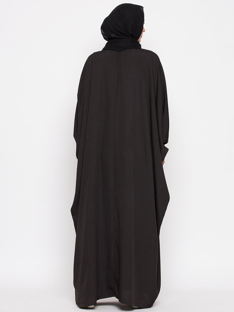 Nabia  Women Black Solid Crepe Design Kaftan Abaya With Georgette Scarf