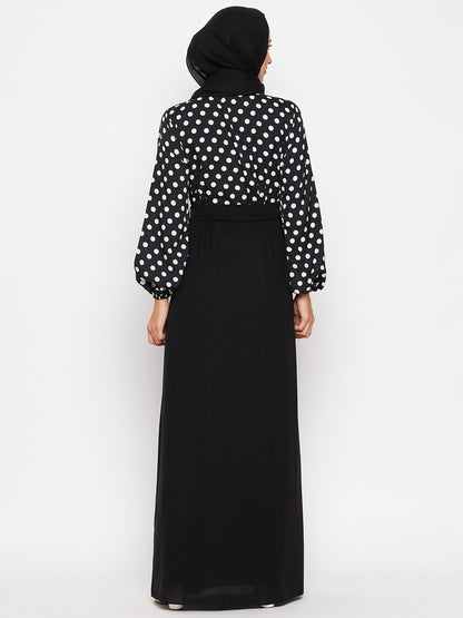 Nabia Women Black & White Polka Dot Printed Abaya With Georgette Scarf