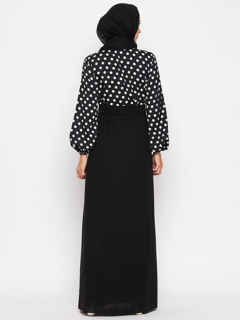 Nabia Women Black & White Polka Dot Printed Abaya With Georgette Scarf