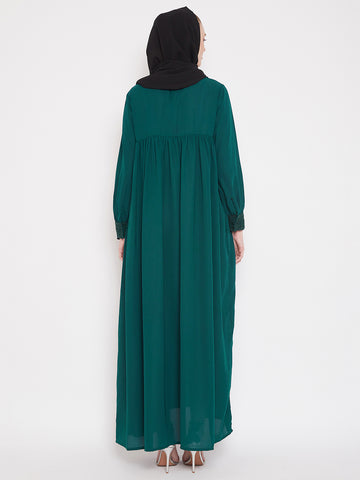 Nabia  Women Green Solid Lace Maxi Abaya Dress Abaya With Georgette Scarf