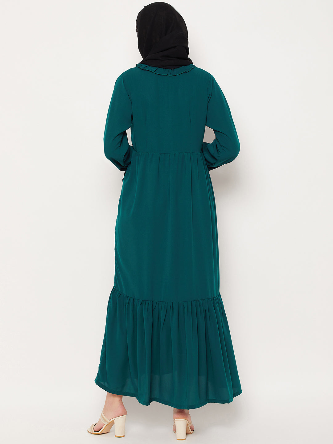 Nabia Bottle Green Ruffle Design Nida Matte Fabric Women Abaya With Georgette Scarf