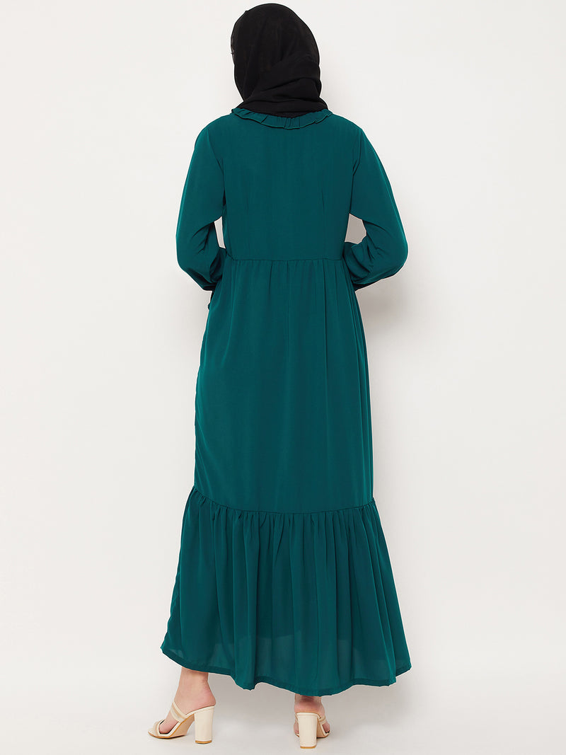 Nabia Bottle Green Ruffle Design Nida Matte Fabric Women Abaya With Georgette Scarf