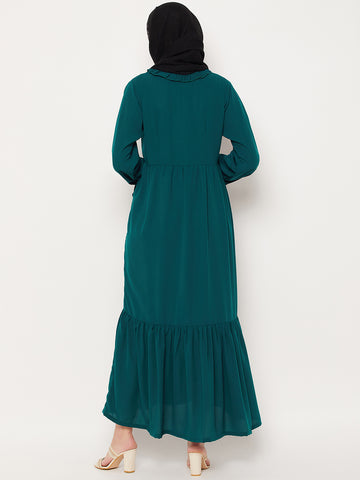Nabia Bottle Green Ruffle Design Nida Matte Fabric Women Abaya With Georgette Scarf